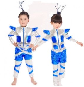 Silver royal blue patchwork glitter stage performance school  jazz singer space  astronaut cos play costumes dance wear oufits